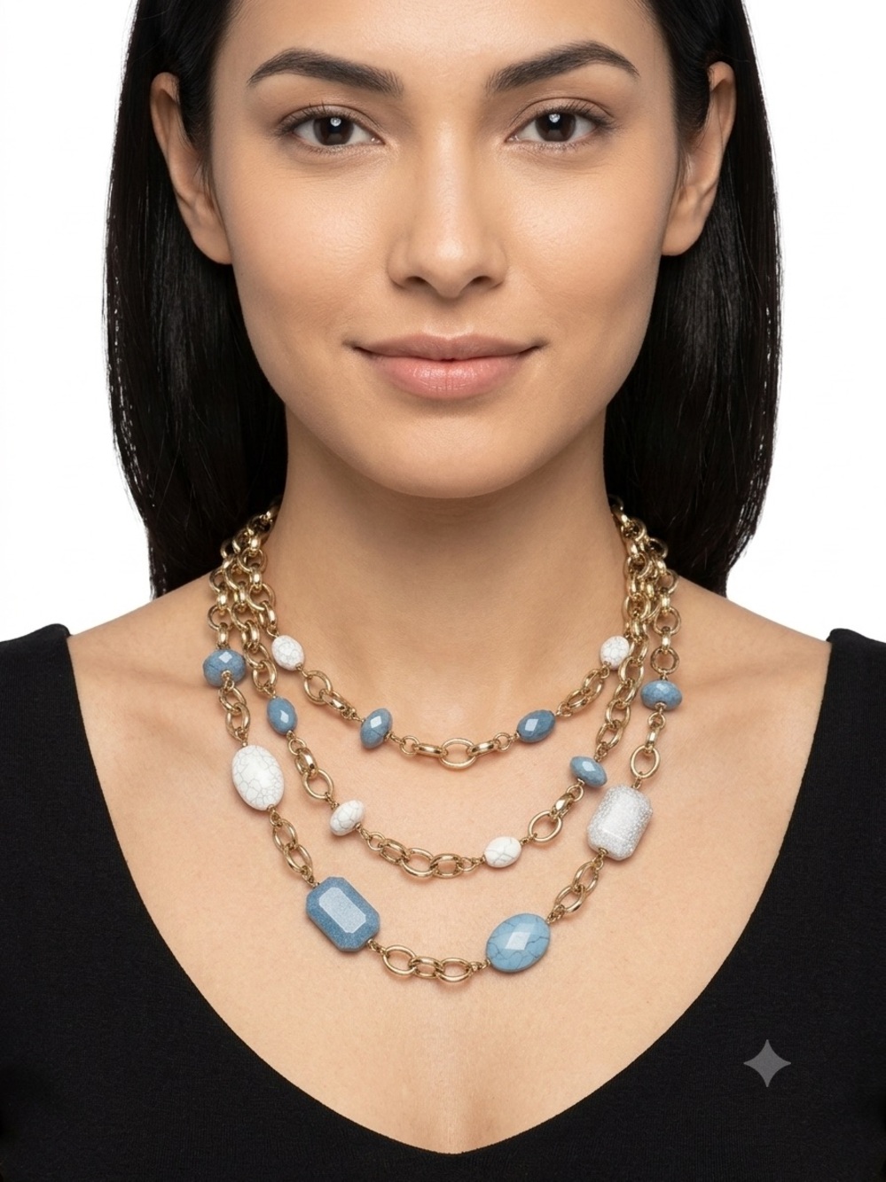 Talbots adjustable Gold Multi-Strand Necklace with Blue and White Beads